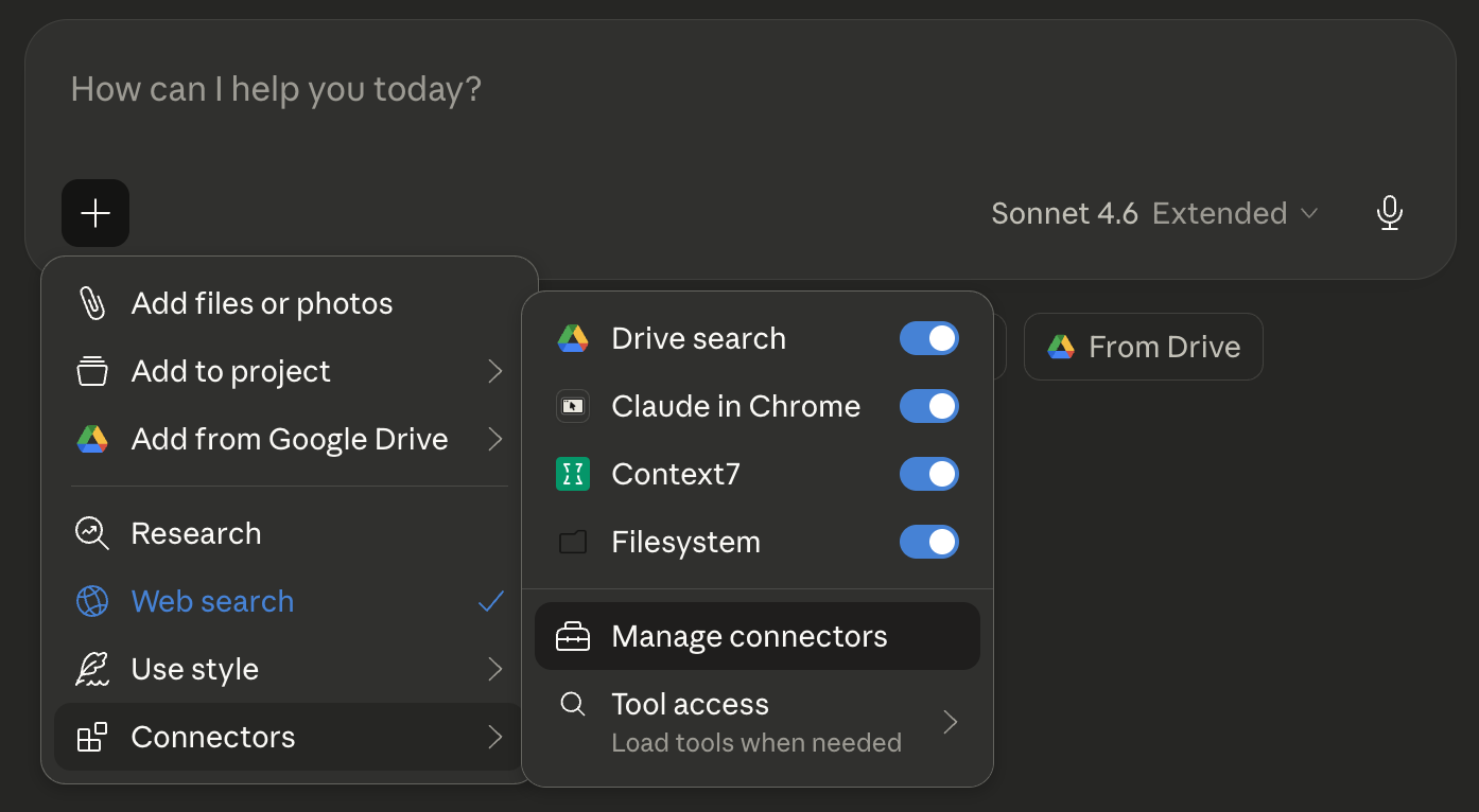 Open Connectors menu in Claude.ai