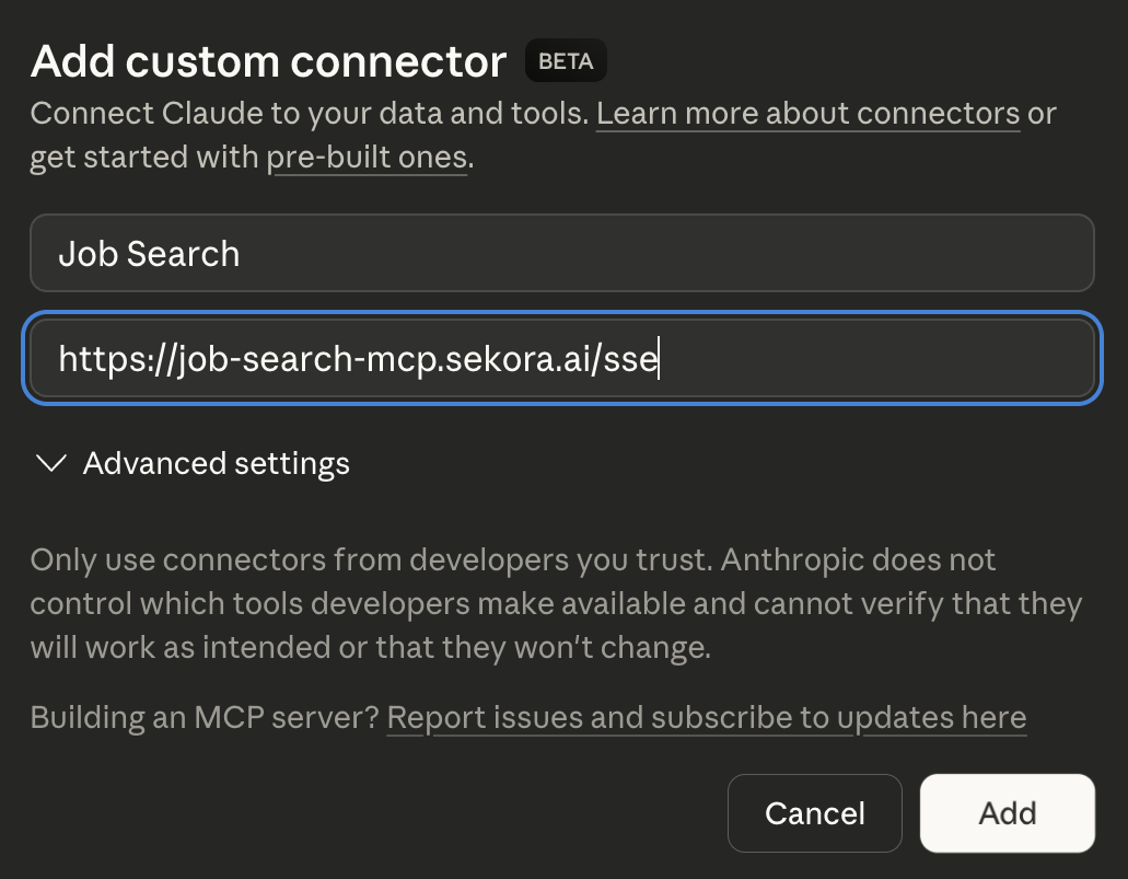 Entering Job Search connector details